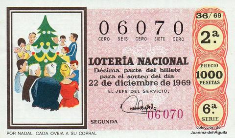 Décimo de Lotería Nacional de 1969 Sorteo 36 - POR NADAL, CADA OVEJA A SU CORRAL