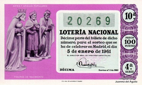 Décimo de Lotería Nacional de 1961 Sorteo 1 - FIGURAS DE NACIMIENTO