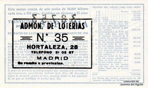 Reverso del décimo de Lotería Nacional de 1961 Sorteo 11