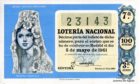 Décimo de Lotería Nacional de 1961 Sorteo 13 - PEINETA Y MANTILLA