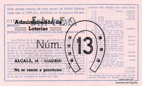 Reverso del décimo de Lotería Nacional de 1961 Sorteo 13