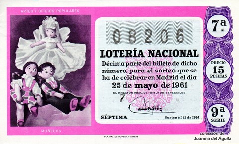 Décimo de Lotería Nacional de 1961 Sorteo 15 - MUÑECOS