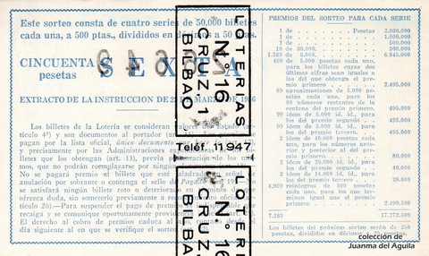 Reverso del décimo de Lotería Nacional de 1961 Sorteo 16