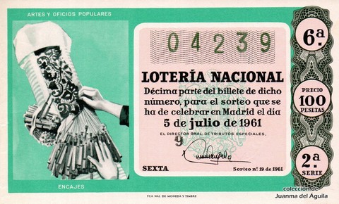 Décimo de Lotería Nacional de 1961 Sorteo 19 - ENCAJES