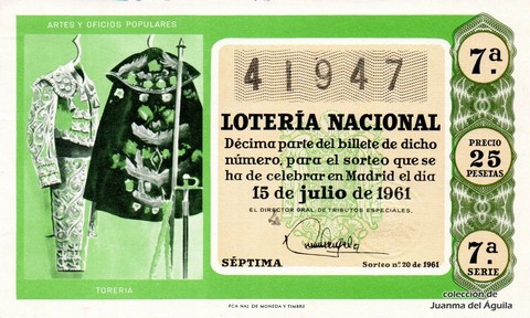 Décimo de Lotería Nacional de 1961 Sorteo 20 - TORERIA