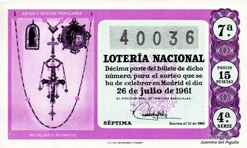 Décimo de Lotería Nacional de 1961 Sorteo 21 - MEDALLAS Y ROSARIOS
