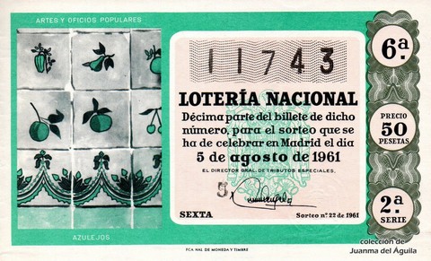 Décimo de Lotería Nacional de 1961 Sorteo 22 - AZULEJOS