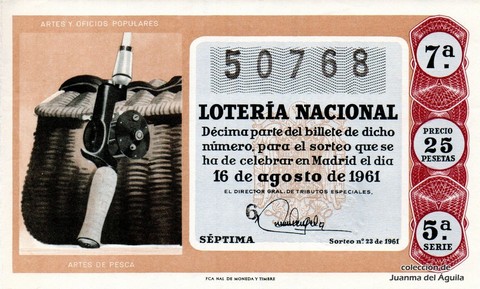 Décimo de Lotería Nacional de 1961 Sorteo 23 - ARTES DE PESCA