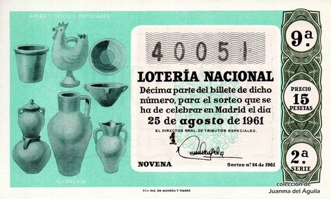 Décimo de Lotería Nacional de 1961 Sorteo 24 - ALFARERIA