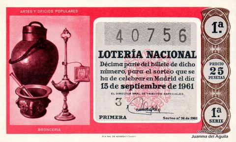 Décimo de Lotería Nacional de 1961 Sorteo 26 - BRONCERIA