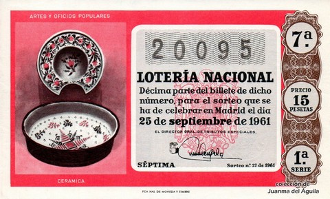 Décimo de Lotería Nacional de 1961 Sorteo 27 - CERAMICA