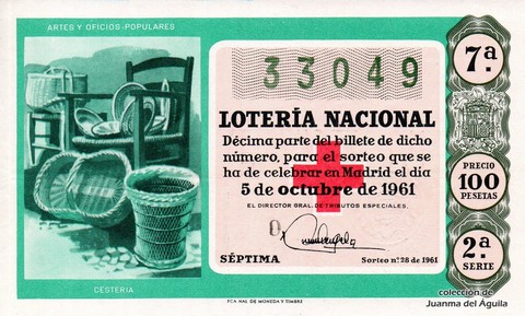 Décimo de Lotería Nacional de 1961 Sorteo 28 - CESTERIA