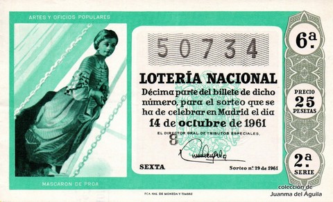 Décimo de Lotería Nacional de 1961 Sorteo 29 - MASCARON DE PROA