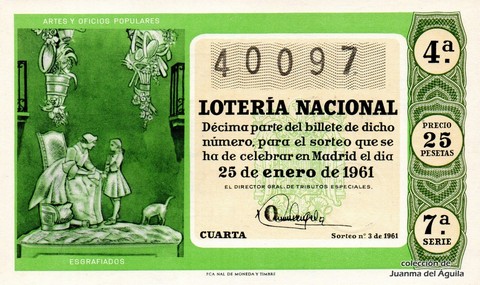 Décimo de Lotería Nacional de 1961 Sorteo 3 - ESGRAFIADOS