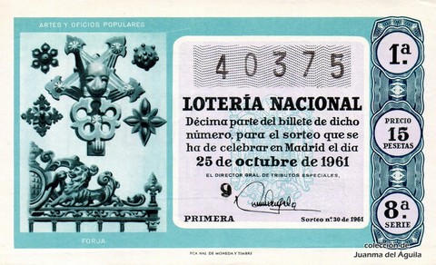 Décimo de Lotería Nacional de 1961 Sorteo 30 - FORJA