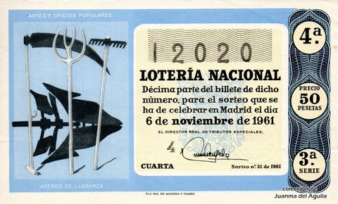 Décimo de Lotería Nacional de 1961 Sorteo 31 - APEROS DE LABRANZA