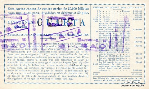 Reverso del décimo de Lotería Nacional de 1961 Sorteo 31