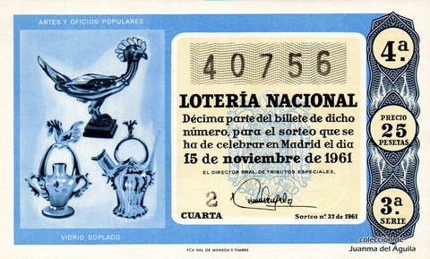 Décimo de Lotería Nacional de 1961 Sorteo 32 - VIDRIO SOPLADO