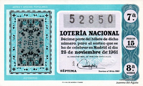 Décimo de Lotería Nacional de 1961 Sorteo 33 - ALFOMBRAS