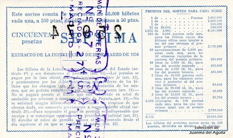Reverso del décimo de Lotería Nacional de 1961 Sorteo 34