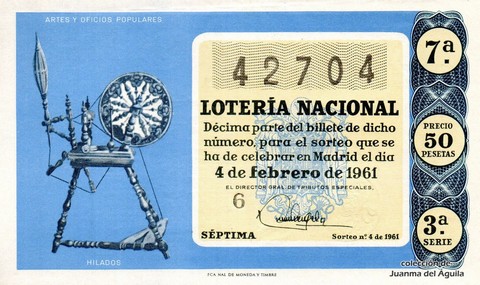 Décimo de Lotería Nacional de 1961 Sorteo 4 - HILADOS