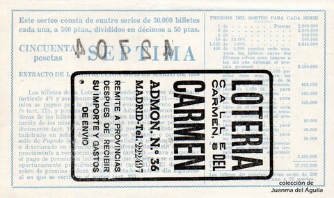 Reverso del décimo de Lotería Nacional de 1961 Sorteo 4