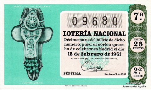 Décimo de Lotería Nacional de 1961 Sorteo 5 - GUARNICIONERIA