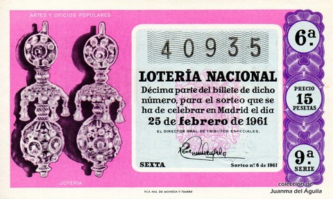 Décimo de Lotería Nacional de 1961 Sorteo 6 - JOYERIA