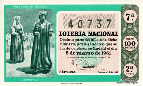 Décimo de Lotería Nacional de 1961 Sorteo 7 - GIGANTONES
