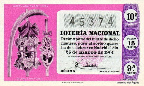 Décimo de Lotería Nacional de 1961 Sorteo 9 - PALMAS Y PALMONES