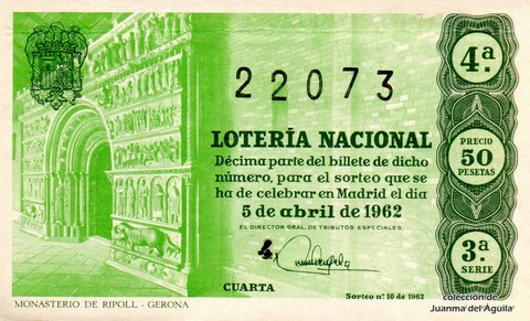 Décimo de Lotería Nacional de 1962 Sorteo 10 - MONASTERIO DE RIPOLL - GERONA