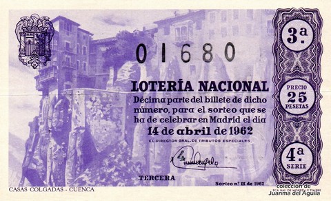 Décimo de Lotería Nacional de 1962 Sorteo 11 - CASAS COLGADAS - CUENCA