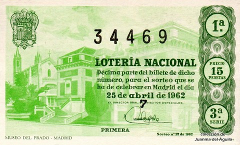 Décimo de Lotería Nacional de 1962 Sorteo 12 - MUSEO DEL PRADO - MADRID