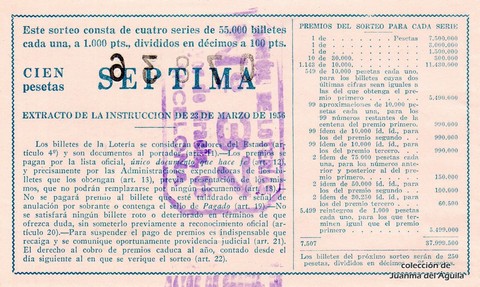 Reverso del décimo de Lotería Nacional de 1962 Sorteo 13