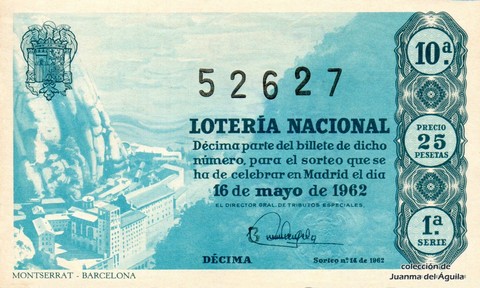 Décimo de Lotería Nacional de 1962 Sorteo 14 - MONTSERRAT - BARCELONA