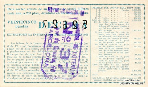 Reverso del décimo de Lotería Nacional de 1962 Sorteo 14