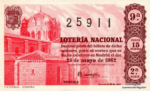 Décimo de Lotería Nacional de 1962 Sorteo 15 - CATEDRAL - ZAMORA
