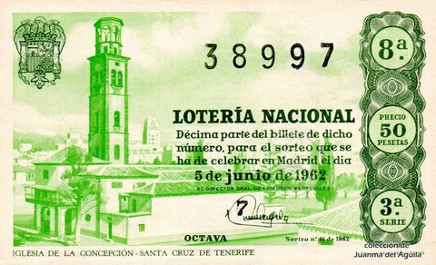 Décimo de Lotería Nacional de 1962 Sorteo 16 - IGLESIA DE LA CONCEPCIÓN - SANTA CRUZ DE TENERIFE