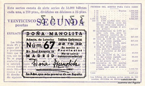 Reverso del décimo de Lotería Nacional de 1962 Sorteo 17