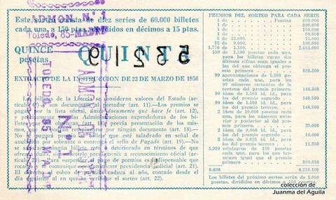 Reverso del décimo de Lotería Nacional de 1962 Sorteo 18