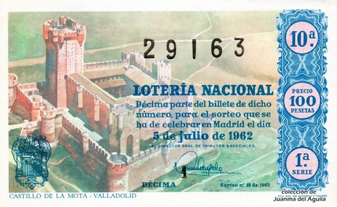 Décimo de Lotería Nacional de 1962 Sorteo 19 - CASTILLO DE LA MOTA - VALLADOLID