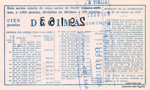 Reverso del décimo de Lotería Nacional de 1962 Sorteo 19