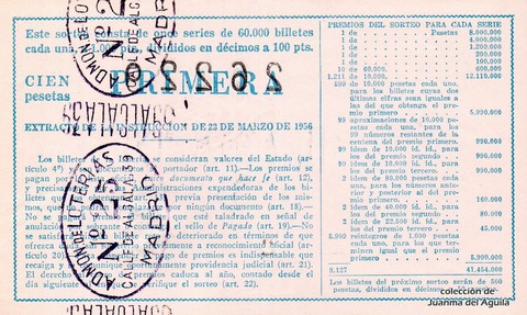 Reverso del décimo de Lotería Nacional de 1962 Sorteo 1