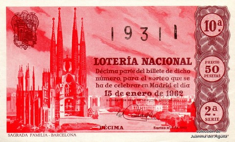Décimo de Lotería Nacional de 1962 Sorteo 2 - SAGRADA FAMILIA - BARCELONA