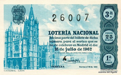 Décimo de Lotería Nacional de 1962 Sorteo 20 - CATEDRAL - LEÓN