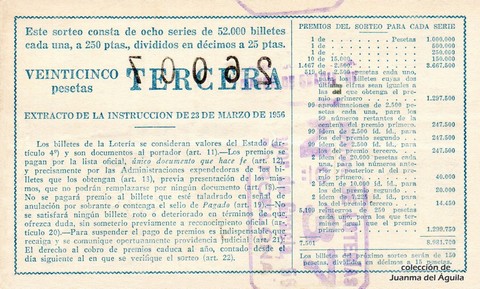 Reverso del décimo de Lotería Nacional de 1962 Sorteo 20