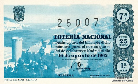 Décimo de Lotería Nacional de 1962 Sorteo 23 - TOSSA DE MAR - GERONA