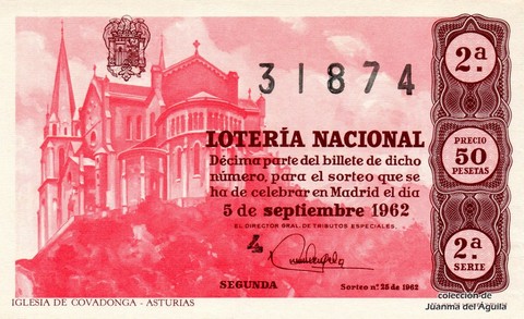 Décimo de Lotería Nacional de 1962 Sorteo 25 - IGLESIA DE COVADONGA - ASTURIAS