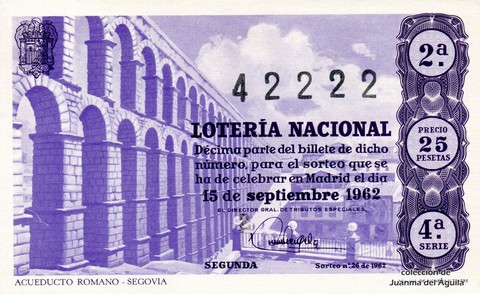 Décimo de Lotería Nacional de 1962 Sorteo 26 - ACUEDUCTO ROMANO - SEGOVIA