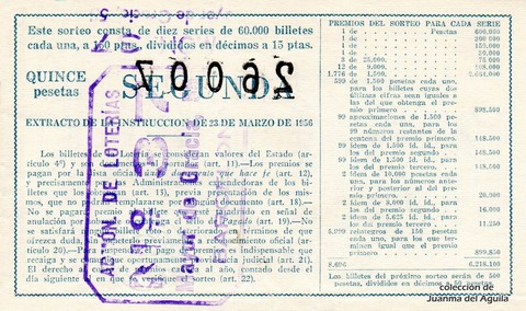 Reverso del décimo de Lotería Nacional de 1962 Sorteo 27
